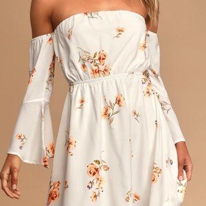 Ivory Floral Print Off-The-Shoulder Mini Dress